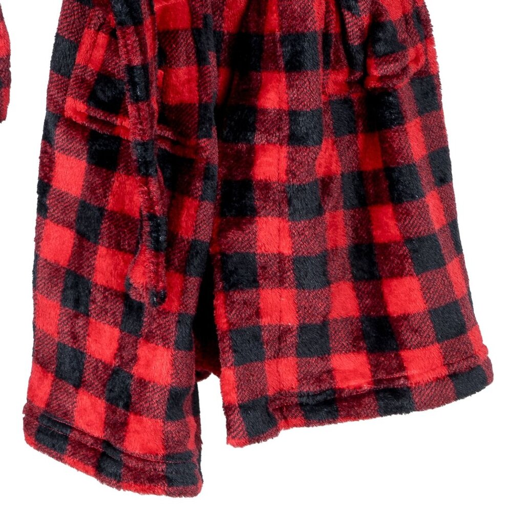 Eddie Bauer Robe S 7 8 Youth Buffalo Plaid Red Black Fleece Boys Christmas Hood - Picture 3 of 5